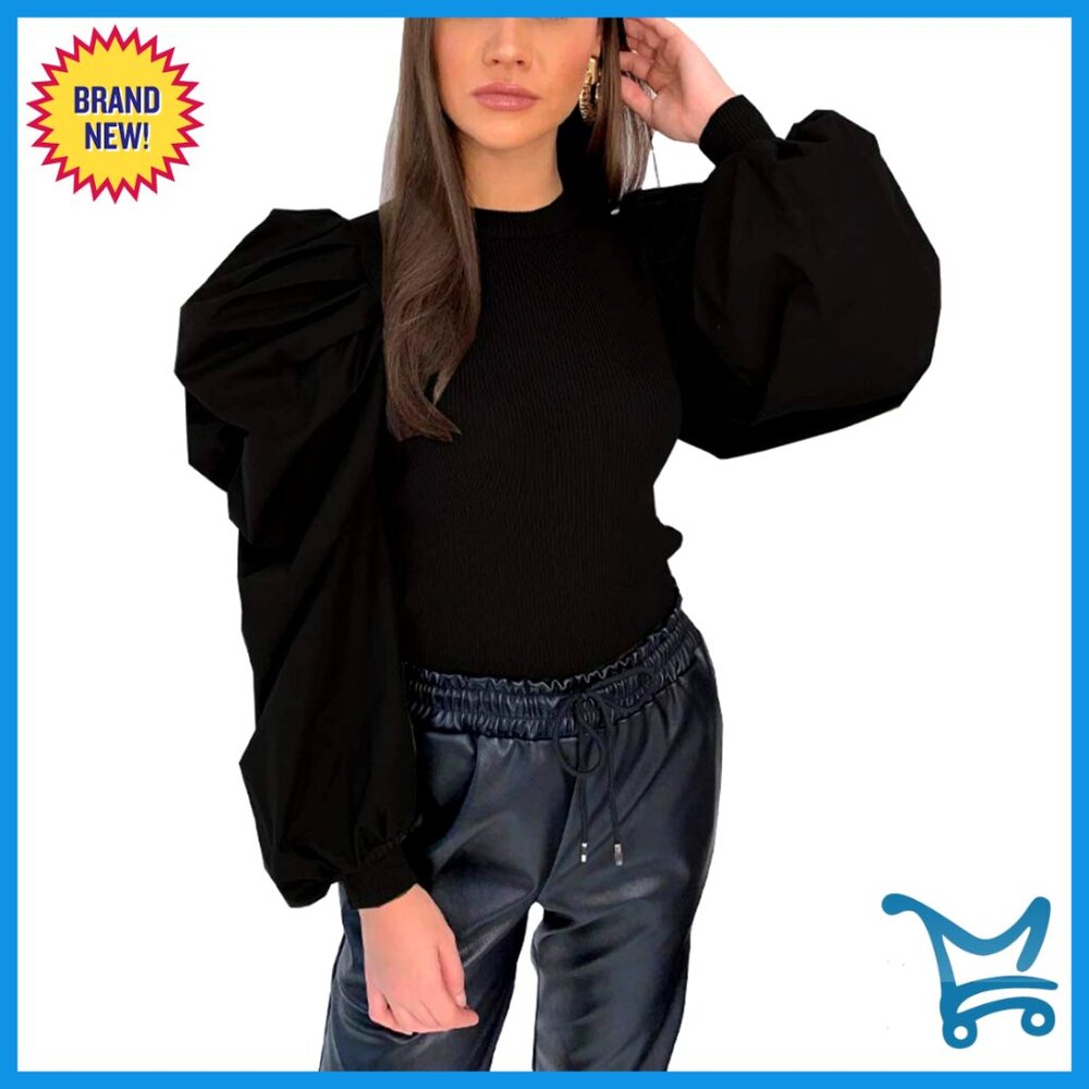 Ribbed Ruched Crewneck Puff Sleeve Blouse Slim Fit Elegant Party Top